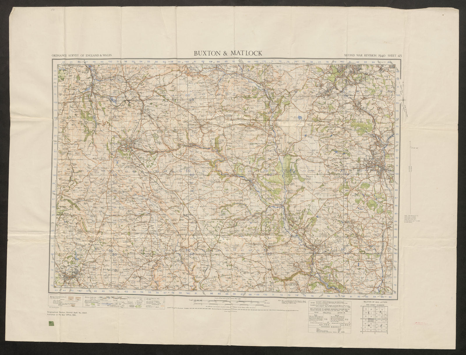 War Revision sheet 45 BUXTON & MATLOCK. Chesterfield. ORDNANCE SURVEY 1941 map
